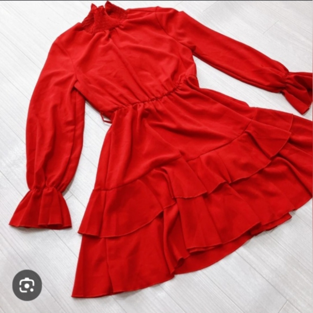 Chic HIGH COLLAR LONG SLEEVE A LINE RUFFLE HEMLINE DRESS SIZE L NWOT - Picture 6 of 11